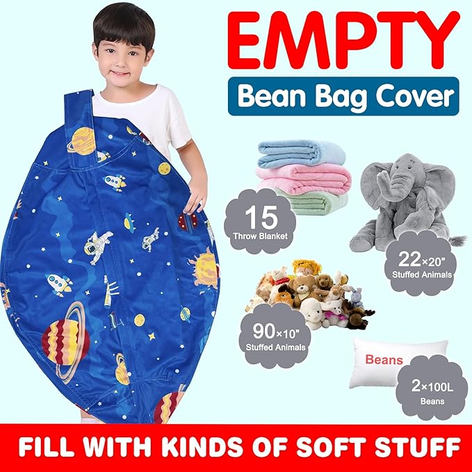 Lukeight Stuffed Animal Storage Bean Bag Chair Cover for Kids, Zipper Beanbag Chair Cover for Organizing Toddler & Kids' Rooms Plush Toys (Outer Space Velvet, X-Large) - LeafyLoom