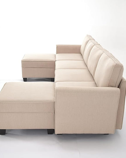 Modern Chenille Fabric U-Shaped 6 Seat Sectional Sleeper Couch with Reversible Chaise Modular Sofa with Storage, Large, Beige - LeafyLoom