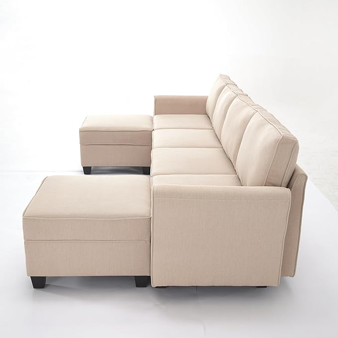 Modern Chenille Fabric U-Shaped 6 Seat Sectional Sleeper Couch with Reversible Chaise Modular Sofa with Storage, Large, Beige - LeafyLoom