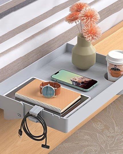 SPACELEAD Bedside Shelf for Bed – College Dorm Room Clip On Nightstand with Cup Holder & Cord Holder -Tray Table Caddy for Students – Bunk Bed Shelf for Organizer Top for Bedroom (grey，Plastic) - LeafyLoom