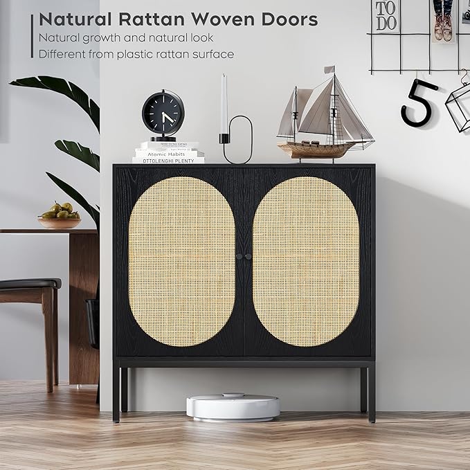 Brafab Rattan Cabinet Buffet Cabinet, Sideboard Cabinet with Natural Rattan Decorated Doors, Accent Cabinet, for Living Room, Entryway, Bedroom, Dining Room/Oval Doors, Black - LeafyLoom