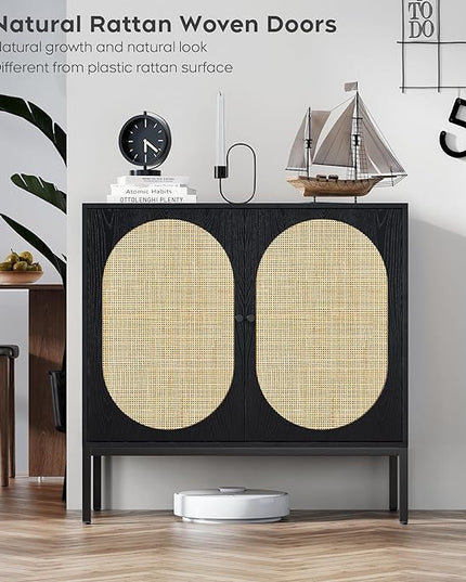 Brafab Set of 2 Rattan Cabinet Buffet Cabinet, Sideboard Cabinet with Natural Rattan Decorated Doors, Accent Cabinet, for Living Room, Entryway, Bedroom, Dining Room/Oval Doors, Black - LeafyLoom