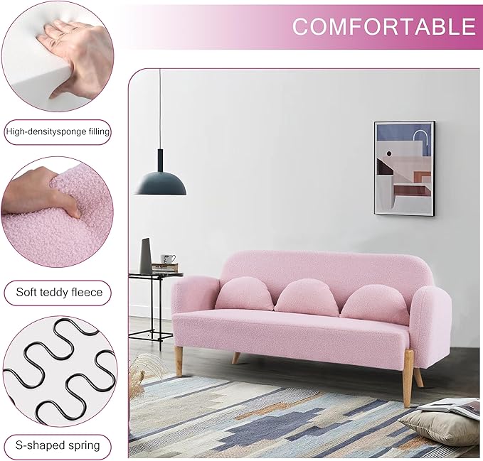 NicBex Sectional Couch Sofa with 3 Lumbar Pillows Teddy Velvet Cloud Couch for Living Room Furniture Sets with Wooden Legs, Modular Sofa for Living Room, Bedroom, Apartment,59.1" L, Pink - LeafyLoom