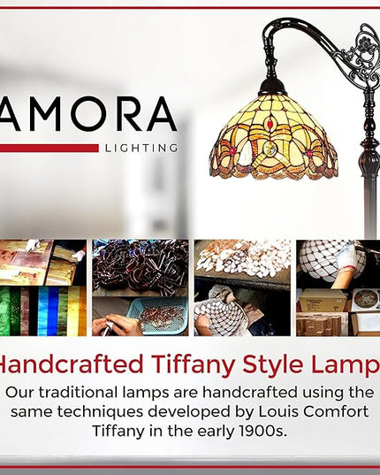 Amora Tiffany Style Floor Lamp Arched 62" Tall Stained Glass Tan Yellow Brown Antique Vintage Light Decor Bedroom Living Room Reading Gift AM272FL11B Lighting - LeafyLoom