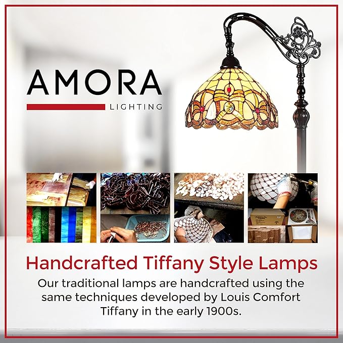 Amora Tiffany Style Floor Lamp Arched 62" Tall Stained Glass Tan Yellow Brown Antique Vintage Light Decor Bedroom Living Room Reading Gift AM272FL11B Lighting - LeafyLoom
