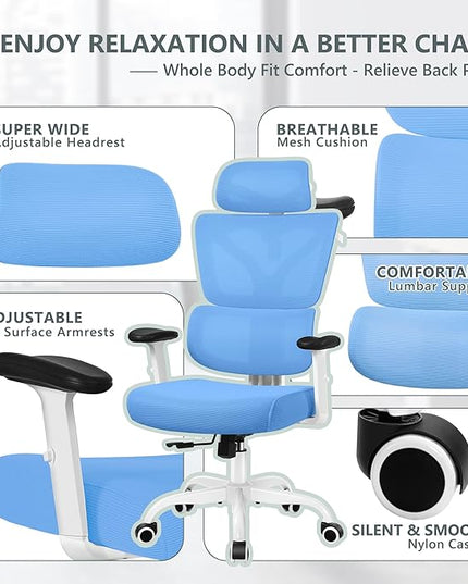 Office Chair Ergonomic Desk Chair, High Back Gaming Chair, Big and Tall Reclining chair Comfy Home Office Desk Chair Lumbar Support Breathable Mesh Computer Chair Adjustable Armrests(Sky Blue) - LeafyLoom