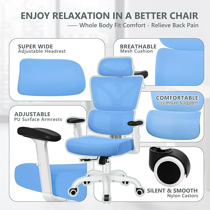 Office Chair Ergonomic Desk Chair, High Back Gaming Chair, Big and Tall Reclining chair Comfy Home Office Desk Chair Lumbar Support Breathable Mesh Computer Chair Adjustable Armrests(Sky Blue) - LeafyLoom