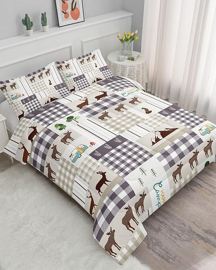 Datura home Happy Camper Comforter Set Rustic Lodge and Camper Deer Printed Quilt Bedding Set with 1 Comforter and 2 Pillowcases for Boys and Girls Bedroom All Season(Camper Full) - LeafyLoom