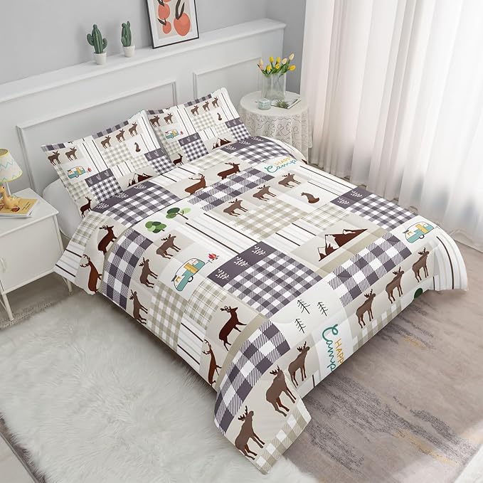 Datura home Happy Camper Comforter Set Rustic Lodge and Camper Deer Printed Quilt Bedding Set with 1 Comforter and 2 Pillowcases for Boys and Girls Bedroom All Season(Camper Full) - LeafyLoom