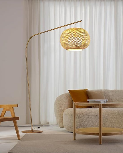 FOS - Modern Bohemian Chic Arch Floor Lamp with Woven Bamboo + Linen Shade - Brushed Brass Finish, Ambient Home Lighting in Living Room, Bedroom, Study, Nursery - LeafyLoom