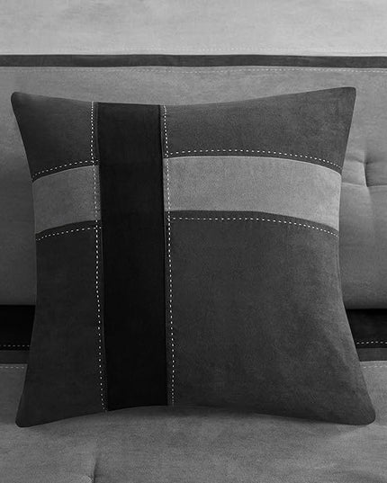 Madison Park Palisades Comforter Set Modern Faux Suede Pieced Stripe Design, All Season Down Alternative Cozy Bedding with Matching Shams, Decorative Pillows, King(104"x92"), Black 7 Piece - LeafyLoom