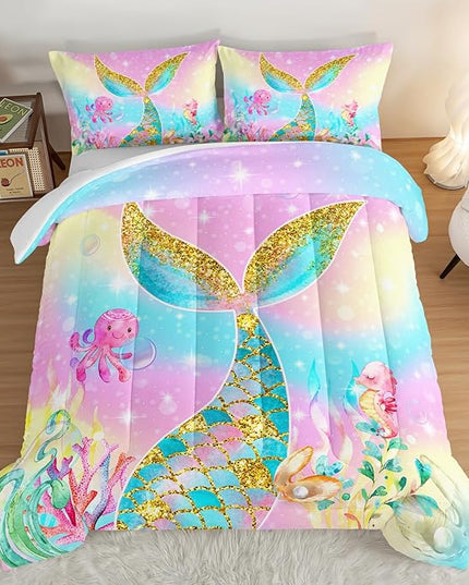 HOSIMA Mermaid Comforter with 2 Pillowcases,Girly Rainbow Bedding Set Mermaid Tail Comforter,Glitter Gold Fish Scales Full Size Bed in a Bag Set,Cute Sea Animal Octopus Seahorse Comforter. - LeafyLoom