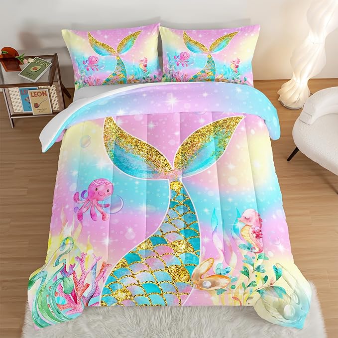 HOSIMA Mermaid Comforter with 2 Pillowcases,Girly Rainbow Bedding Set Mermaid Tail Comforter,Glitter Gold Fish Scales Twin Bed in a Bag,Cute Sea Animal Octopus Seahorse Comforter for Kids Teens. - LeafyLoom