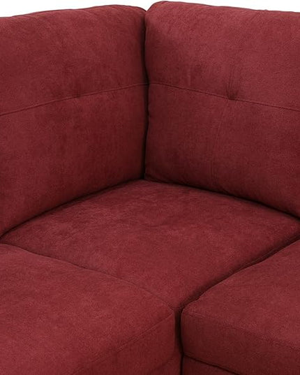 ROOMTEC Button Modern L Shape Sectional Sofa Set, Upholstered Corner Couch with Storage Ottoman, Flannel Tufted Cushions, for Living Room, Apartment, 97inch, Red w/Right Chaise Lounge - LeafyLoom