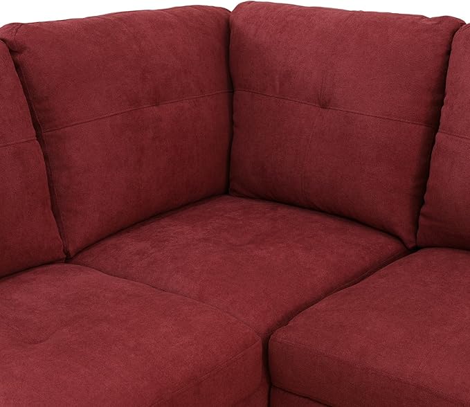 ROOMTEC Button Modern L Shape Sectional Sofa Set, Upholstered Corner Couch with Storage Ottoman, Flannel Tufted Cushions, for Living Room, Apartment, 97inch, Red w/Right Chaise Lounge - LeafyLoom