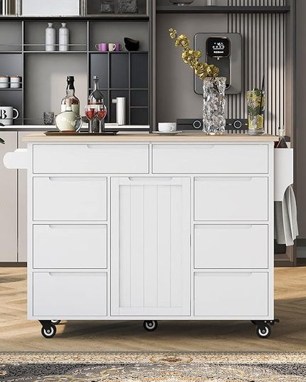 Mobile Cart with Rubber Wood Countertop, Kitchen Island on Lockable Wheels w/Drawer and Storage Cabinet for Dining Room, Bar, White, 53.15 Inch - LeafyLoom