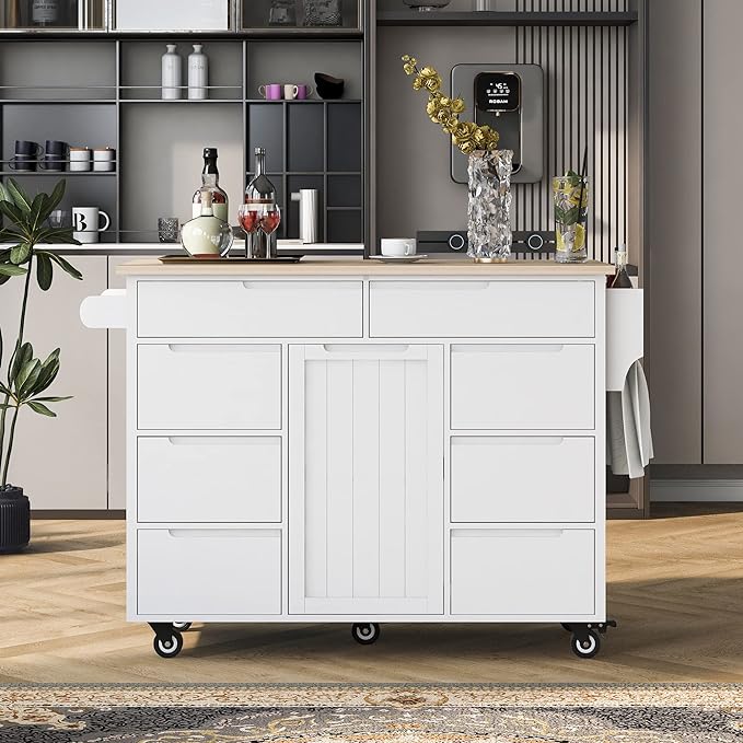 Mobile Cart with Rubber Wood Countertop, Kitchen Island on Lockable Wheels w/Drawer and Storage Cabinet for Dining Room, Bar, White, 53.15 Inch - LeafyLoom