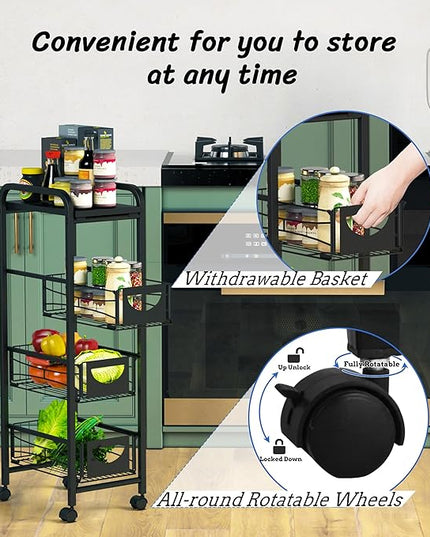 Slim Rolling Storage Cart Small Narrow Kitchen Metal Storage Cart with Lockable Wheels Slim Laundry Bathroom Storage Cart with Wooden top for Kitchen Laundry Narrow Places with Pull-Out Basket Black - LeafyLoom