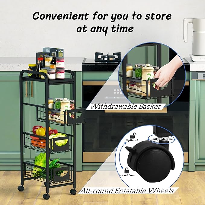 Slim Rolling Storage Cart Small Narrow Kitchen Metal Storage Cart with Lockable Wheels Slim Laundry Bathroom Storage Cart with Wooden top for Kitchen Laundry Narrow Places with Pull-Out Basket Black - LeafyLoom