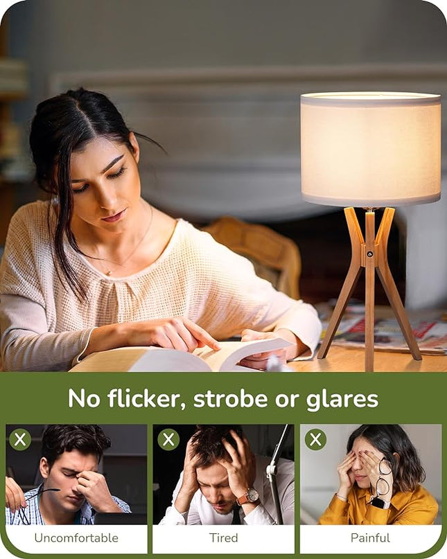 EDISHINE Modern Tripod Table Lamp, 17.5" Bedside Lamp with Natural Wood Light Legs & White Linen Lampshade, Nightstand Lamp for Bedroom, Living Room, Reading Room, E26 Base - LeafyLoom