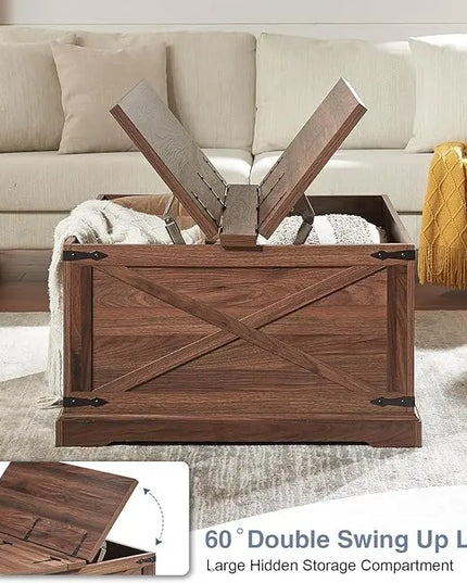Farmhouse Square Coffee Table with Storage, Wood Center Table with Hinged Lift Top, Rustic Cocktail Table with Large Hidden Storage Compartment for Living Room, Bedroom,Brown - LeafyLoom