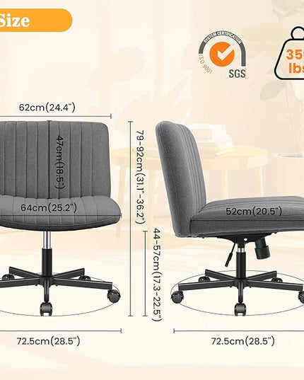 Armless Office Chair with Wheels, Ergonomic Wide Seat Fabric Cross Legged Desk Chair, Swivel Computer Chair for Home Office, Modern Vanity Chair Dark Gray - LeafyLoom