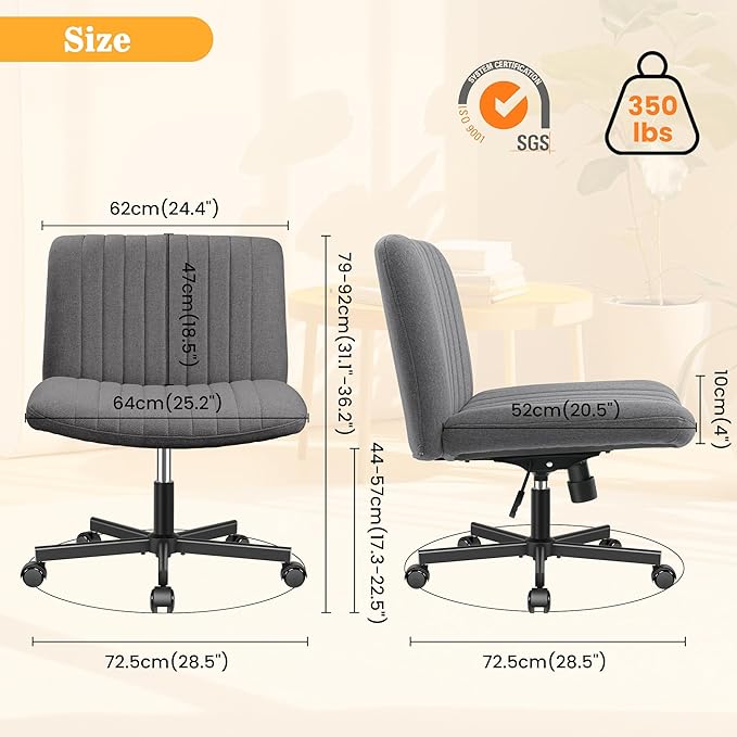 Armless Office Chair with Wheels, Ergonomic Wide Seat Fabric Cross Legged Desk Chair, Swivel Computer Chair for Home Office, Modern Vanity Chair Dark Gray - LeafyLoom