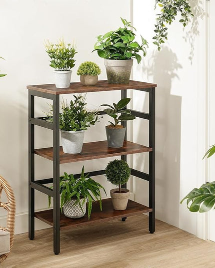HOOBRO 3 Tier Bookshelf, Industrial Bookcase, Record Storage Rack with Side Fence, Wood Storage Shelf with Metal Frame, Rustic Open Display Shelf for Living Room, Bedroom, Rustic Brown BF86CJ01 - LeafyLoom