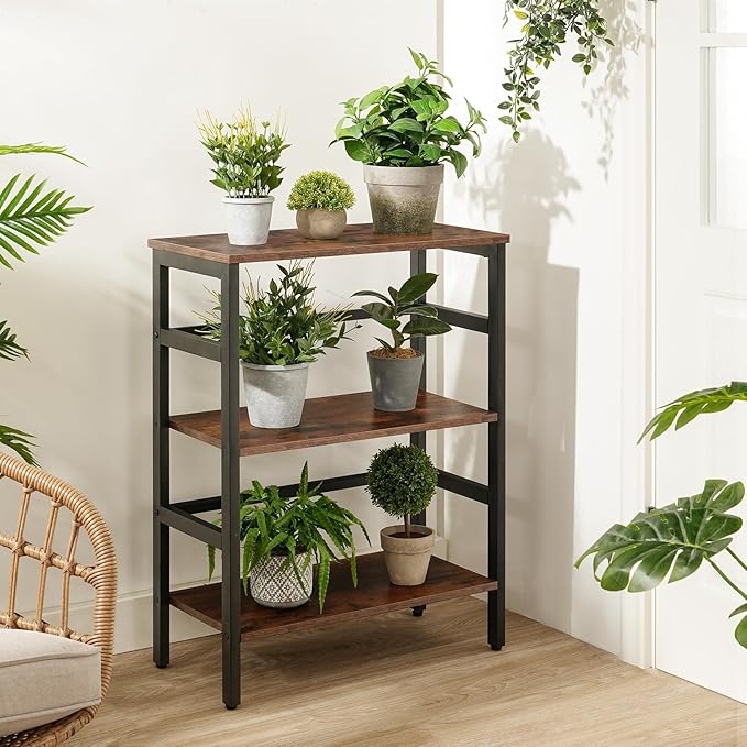 HOOBRO 3 Tier Bookshelf, Industrial Bookcase, Record Storage Rack with Side Fence, Wood Storage Shelf with Metal Frame, Rustic Open Display Shelf for Living Room, Bedroom, Rustic Brown BF86CJ01 - LeafyLoom