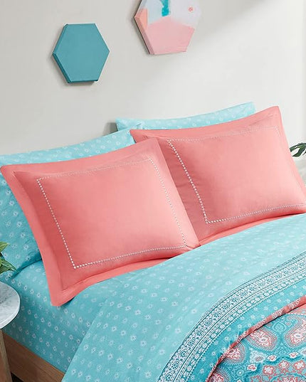 Degrees of Comfort Bed in A Bag Queen Size, Boho Mandala 8 Piece Complete Comforter Sets with Sheet for Women, Microfiber Bohemian Colorful Bedding Set, Matching Decorative Pillow, Coral - LeafyLoom