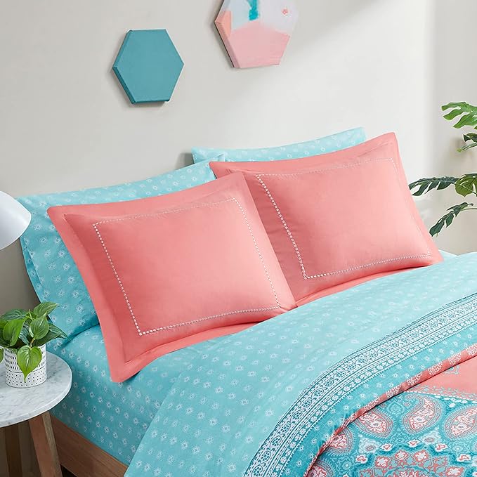Degrees of Comfort Bed in A Bag Queen Size, Boho Mandala 8 Piece Complete Comforter Sets with Sheet for Women, Microfiber Bohemian Colorful Bedding Set, Matching Decorative Pillow, Coral - LeafyLoom