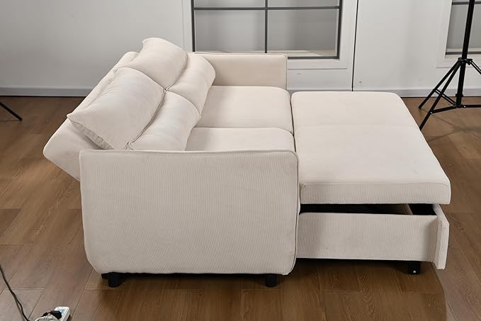 Queen Size Loveseat Sleeper Sofa,3 in 1 Soft Corduroy Upholstered Oversized Convertible Love Seat Sofabed cum Daybed W/Pull Out Sleep Couch Bed and Reclining Backrest for Living Space, 75“, Beige - LeafyLoom