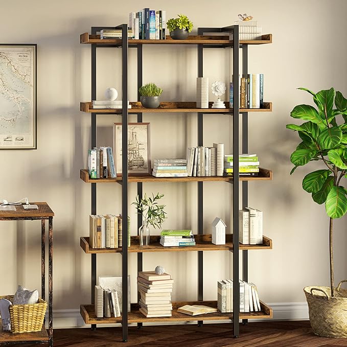 Rolanstar Bookshelf 5-Tier, 71.8’’H Industrial Book Shelf, Large Bookcases and Bookshelves with Open Shelves, Open Display Shelves with Metal Frame for Living Room Bedroom Home Office, Rustic Brown - LeafyLoom