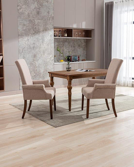 Dining Room Chairs with Arms,Tufted Upholstered High Back Nailed Trim with Untique Oak Wood Legs for Kitchen Restaurant Room Bedroom (Ivory Brown, SingleA) - LeafyLoom