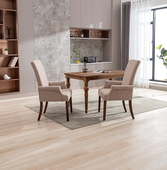 Dining Room Chairs with Arms,Tufted Upholstered High Back Nailed Trim with Untique Oak Wood Legs for Kitchen Restaurant Room Bedroom (Ivory Brown, SingleA) - LeafyLoom