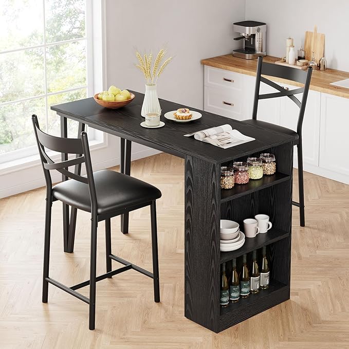 GAOMON Dining Table Set for 2, Kitchen Bar Table and Chairs for 2, 3-Piece Kitchen Table Set with 2 Upholstered Chairs, Expandable Counter Height Bar Table Set with 3 Storage Shelves, Black - LeafyLoom