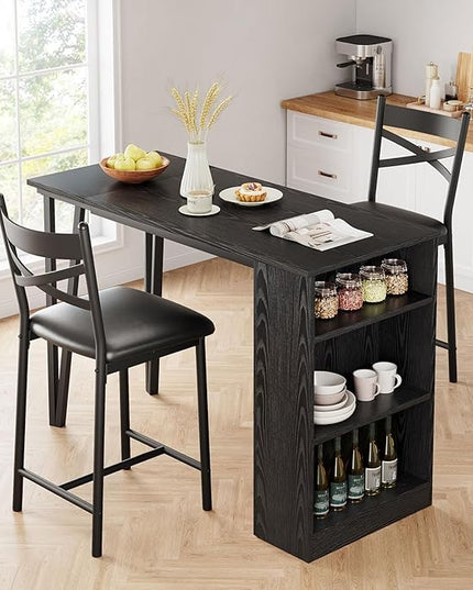 IDEALHOUSE Dining Table Set for 2, Expandable Kitchen Bar Table and Chairs for 2, 3 Piece Counter Height Top Dining Table Set with Upholstered Chairs Storage for Small Space, Black (Black) - LeafyLoom