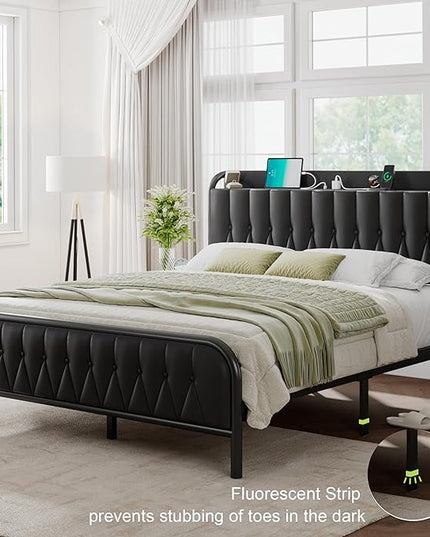 Feonase Queen Bed Frame with Type-C & USB Port, Metal Platform Beds, with Faux Leather Upholstered Headboard & Footboard, 12" Underbed Storage Space, Easy Assembly, Noise-Free, Black - LeafyLoom