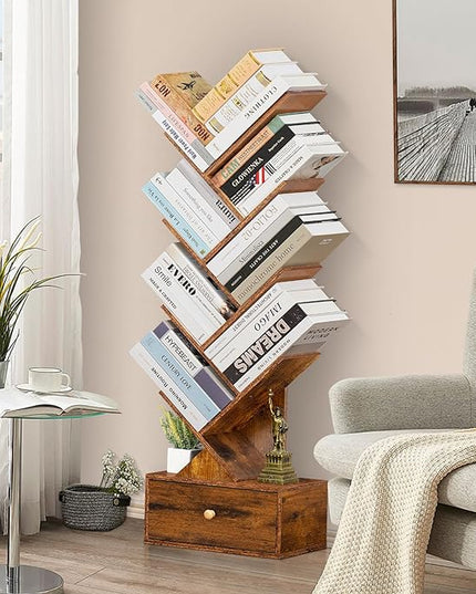 8 Tier Tree Bookshelf with Drawer, Free Standing Wood Bookcase for Narrow Space, Storage Organizer Bookshelves for Books, Book Case for Home Office, Living Room, Bedroom, Rustic Brown - LeafyLoom