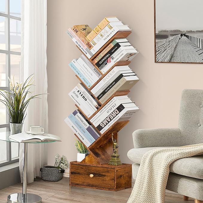 8 Tier Tree Bookshelf with Drawer, Free Standing Wood Bookcase for Narrow Space, Storage Organizer Bookshelves for Books, Book Case for Home Office, Living Room, Bedroom, Rustic Brown - LeafyLoom