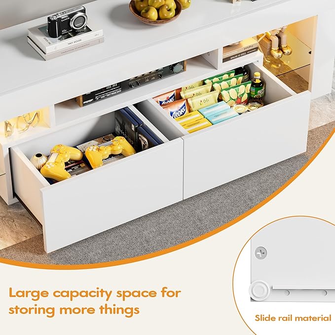 YESHOMY Modern LED TV Stand for Televisions up to 70 Inch with Glass Shelves and Drawer, Gaming Entertainment Center with Multiple Dynamic RGB Modes, for Livingroom, Bedroom, 60 Inch, White - LeafyLoom