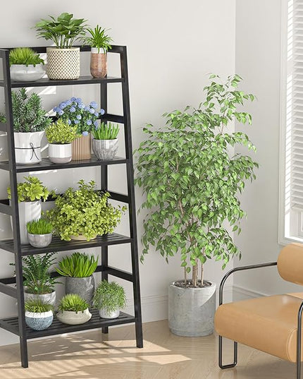 Homykic Bamboo Bookshelf 4-Tier Ladder Shelf, 49.2” Freestanding Open Bookcase Book Shelf Bathroom Storage Shelf Unit Plant Stand for Small Space, Living Room, Bedroom, Home Office, Black - LeafyLoom