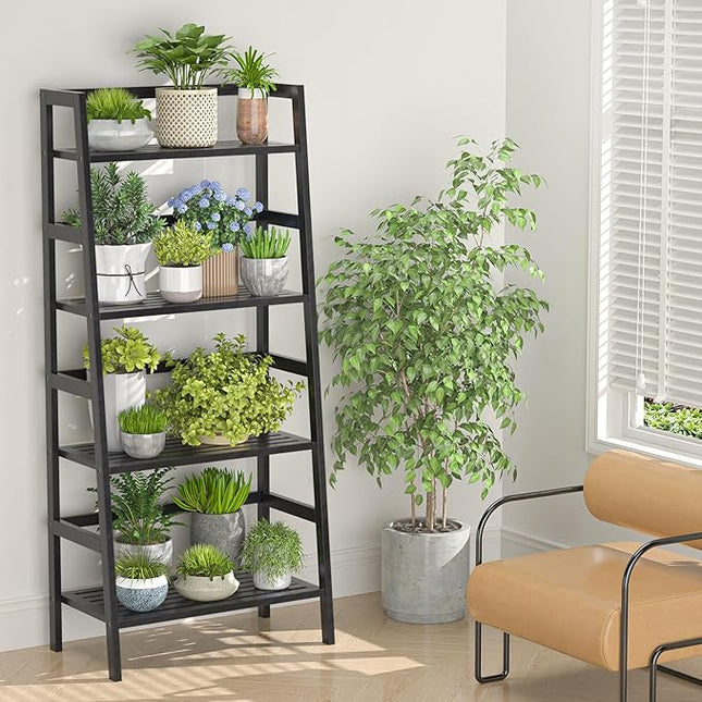 Homykic Bamboo Bookshelf 4-Tier Ladder Shelf, 49.2” Freestanding Open Bookcase Book Shelf Bathroom Storage Shelf Unit Plant Stand for Small Space, Living Room, Bedroom, Home Office, Black - LeafyLoom