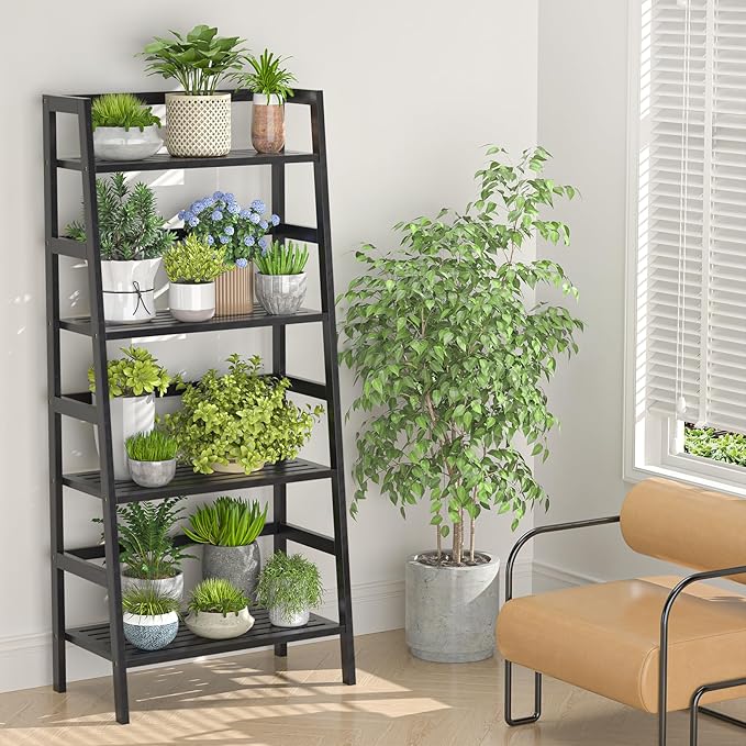 Homykic Bamboo Bookshelf 4-Tier Ladder Shelf, 49.2” Freestanding Open Bookcase Book Shelf Bathroom Storage Shelf Unit Plant Stand for Small Space, Living Room, Bedroom, Home Office, Black - LeafyLoom