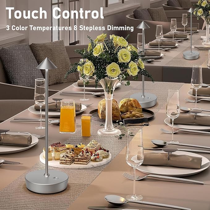 Rechargeable Cordless Table Lamp, 6000mAh LED Battery Operated Desk Lamp Touch 3 Color Stepless Dimming Portable Outdoor Waterproof Table Light for Patio/Restaurant/Dining/Home (Silver) - LeafyLoom