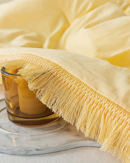 Andency Yellow Tassel Comforter Set Twin(68x90Inch), 2 Pieces(1 boho Comforter, 1 Pillowcase) Farmhouse Shabby Chic Comforter Set, Soft Microfiber Lightweight Fringe Bedding Comforter Set - LeafyLoom