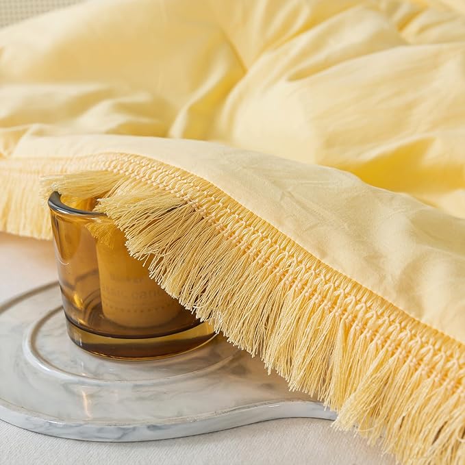 Andency Yellow Tassel Comforter Set Queen(90x90Inch), 3 Pieces(1 boho Comforter, 2 Pillowcases) Farmhouse Shabby Chic Comforter Set, Soft Microfiber Lightweight Fringe Bedding Comforter Set - LeafyLoom