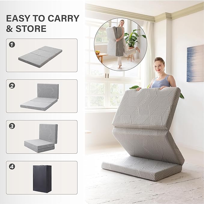 Tri-Fold Memory Foam Mattress, 4 inch Twin Folding Mattress with Collapsible and Washable Cover, Travel and Guest Mat, 75"×38"×4", Grey - LeafyLoom