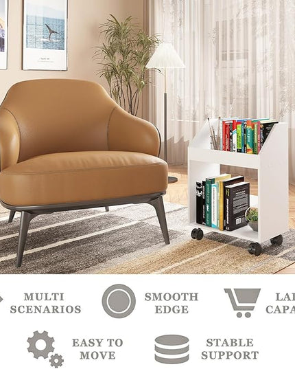 2-Tier Mobile Bookshelf, White Bookcase with Wheels, Rolling File Holder Desk File Book Organizer for Home Office Living Room School - LeafyLoom