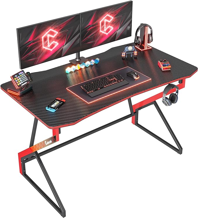 CubiCubi Simple Gaming Desk Z Shaped 40 inch Gamer Workstation, Home Computer Carbon Fiber Surface Gaming Desk PC Table with Headphone Hook - LeafyLoom